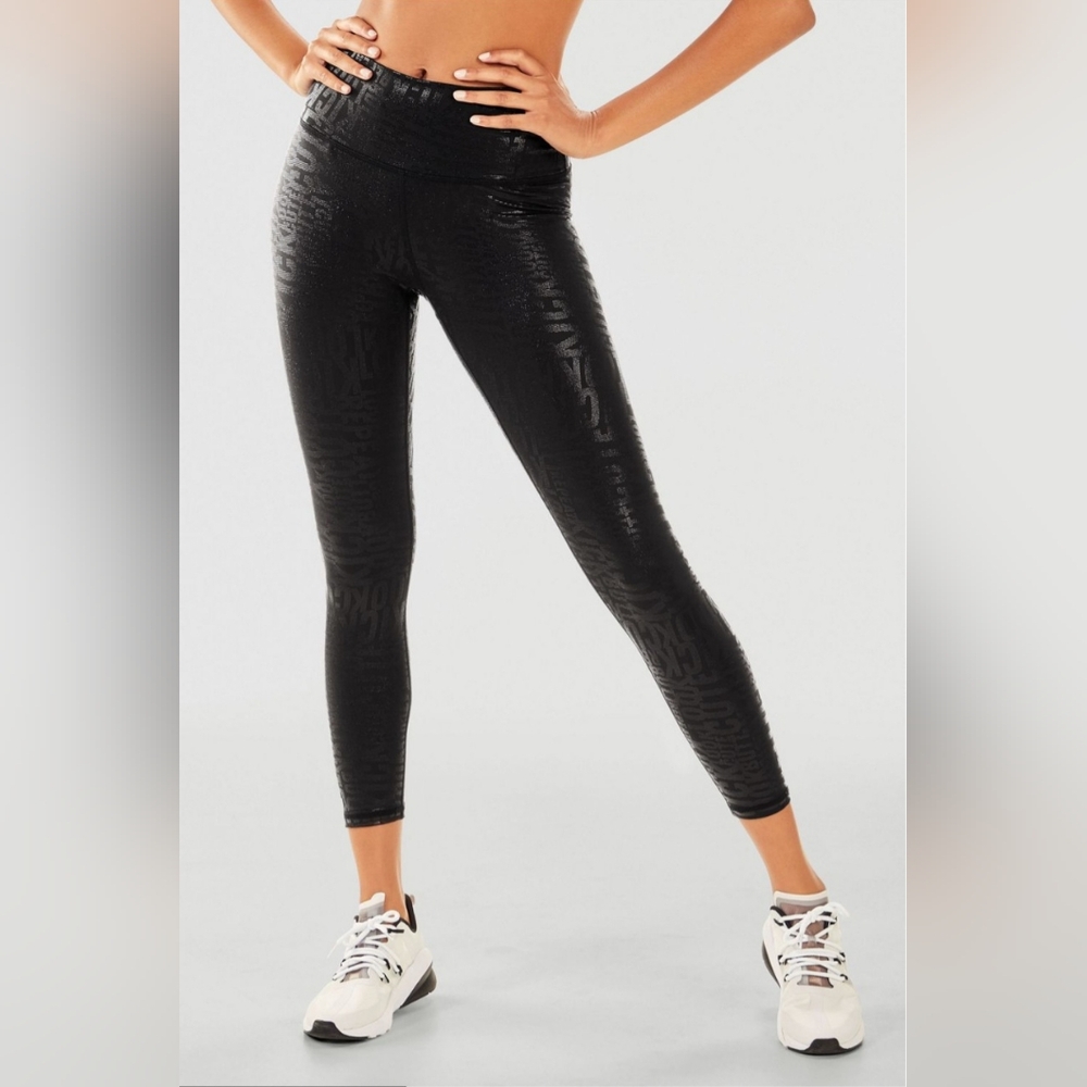 Fabletics Define PowerHold High-Waisted 7/8 Legging Black Metallic Words Size L